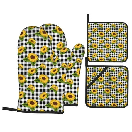 

Oven Mitts and Pot Holders 4 pcs Set Sunflowers checkered plaid Heat Resistant Silicone Oven Mitts Pot Holders for Kitchen Baking Cooking Non-Slip Oven Gloves Hot Pads Potholders