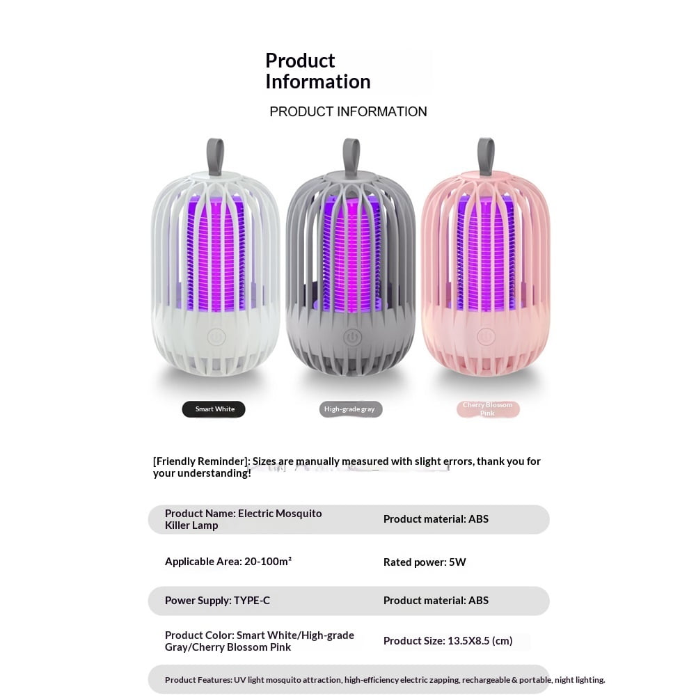 2 in 1 Bug Zapper Indoor Electronic Mosquito Zapper USB Rechargeable Mosquito Trap, Outdoor Fruit Flies Killer Indoor LED Lantern, Gray