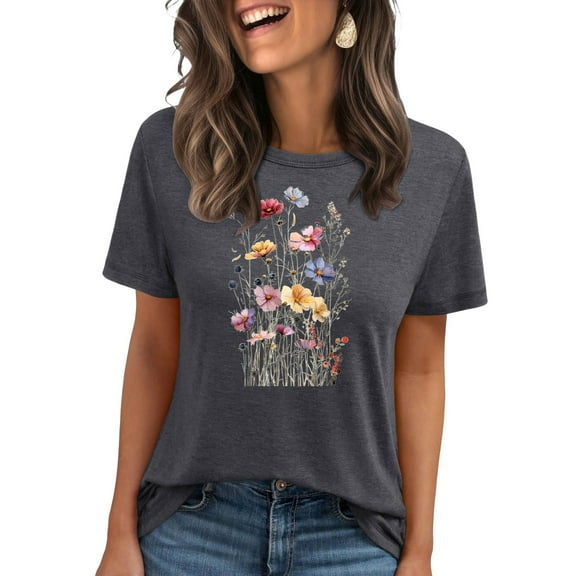 Floruhand Women's Vintage Flowers Shirt Casual Boho Floral Printed T-Shirt Sunflower Wildflowers Graphic Tees Tops for Girl