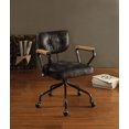 thumbnail image 2 of Office Chair, Top Grain Leather 360-Degree Swivel Chair with Wooden Armrests&Tilt-Adjustable Backrest, Black, 2 of 7