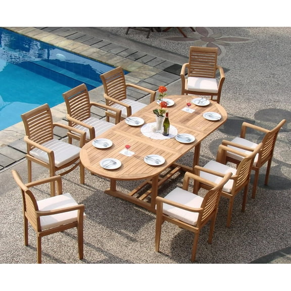 Teak Dining Set:6 Seater 7 Pc - 94" Mas Oval Table (Trestle Leg) And 6 Mas Stacking Arm Chairs Outdoor Patio Grade-A Teak Wood WholesaleTeak #WMDSMSa