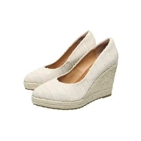 

Rotosw Ladies Wedge Pumps Shoes Comfort Dress Shoe Slip On Espadrilles Casual Platform Work Pointed Toe Beige 10cm 8.5
