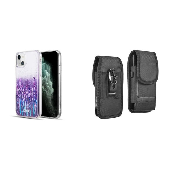 Liquid Glitter Case for iPhone 14 and Belt Holster Pouch - Lavender Purple