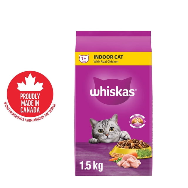 WHISKAS Adult Dry Cat Food, Indoor With Real Chicken 1.5kg