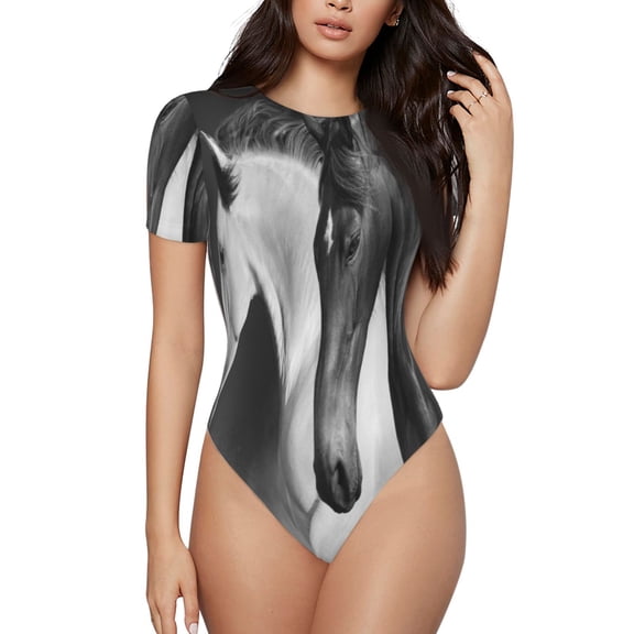 Rateoe Running horses Printed Women Rash Guard Short Sleeve,Tummy control Swimsuit Surfing Swimsuit Bathing Suit Short-sleeved Onesie UPF 50 -