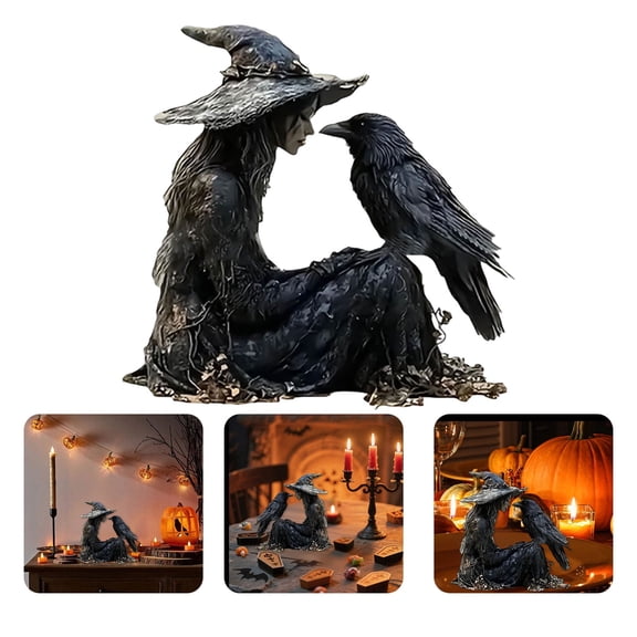 Sitting Witch with Raven Statue, Hand-Painted Gothic Witch Crow Figurine, Spooky Dark Witchy Tabletop Decor for Halloween Shelf Bedroom Party Gift 5.91 Inch