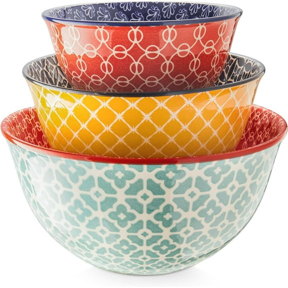 Ceramic Mixing Bowls Set of 3, Colorful Nesting Bowls for Kitchen - 3.7/2/1 Qt - Baking, Cooking, Salad Serving - Microwave & Dishwasher Safe