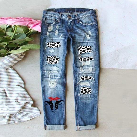 Aayomet Denim Pants Women's Fashion Print Street Loose Washed Polished Waist Ripped Jeans Denim Trousers,White S