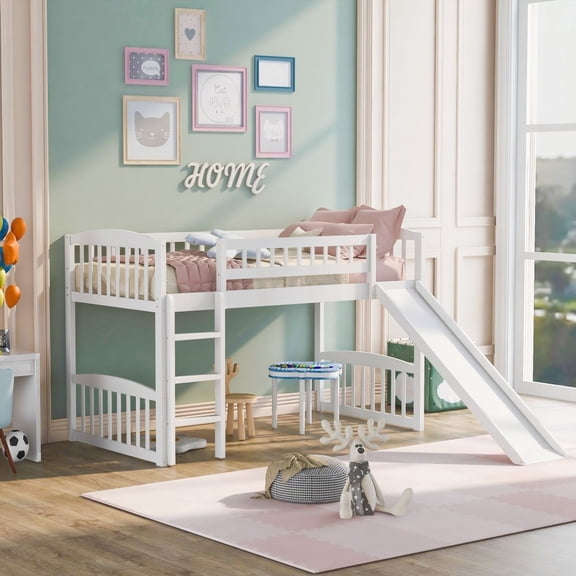 White Twin Size Loft Bed with Slide & Ladder - Solid Construction & Versatile