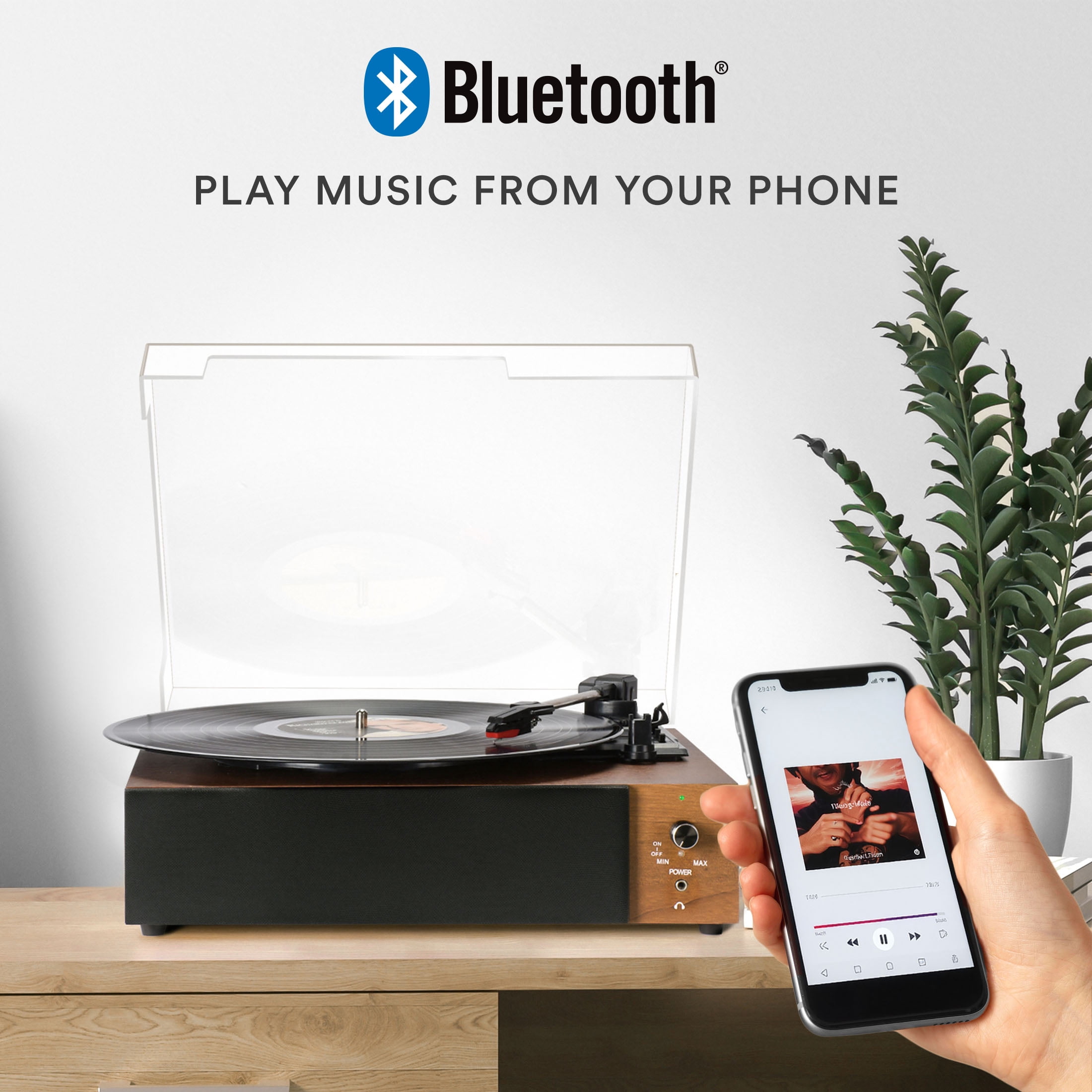 Core Innovations Wireless Bluetooth Turntable, 3-Speed Vinyl Record Player with Built-In Speakers, Wood Finish & Clear Dust Cover
