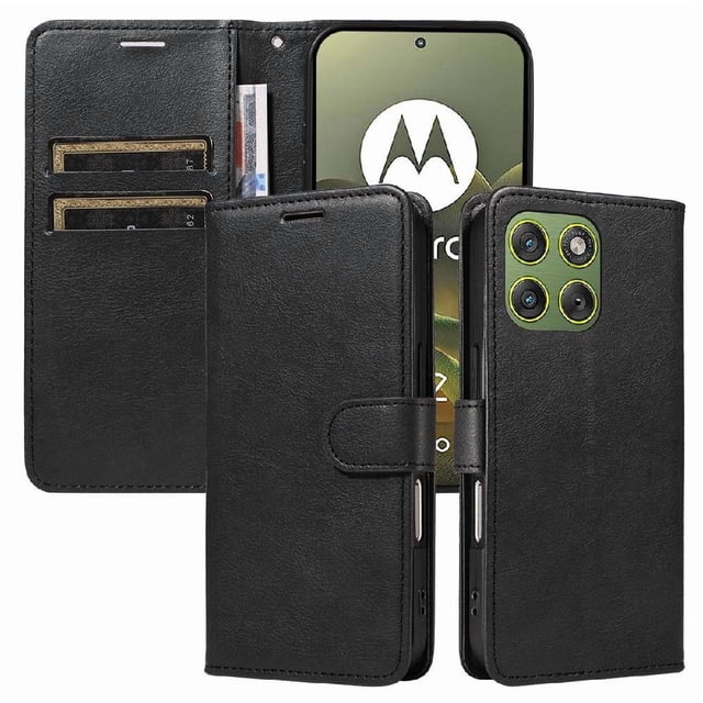 Wallet Case for Motorola Edge 70 Flip Cover with Card Slots, Magnetic Stand & Strap Black