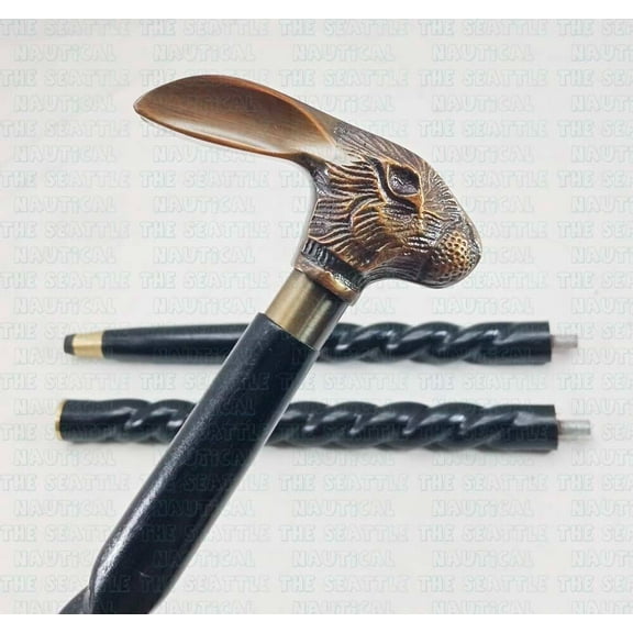 Antique Vintage Brass Rabbit Head Handle stick wood walking stick Victorian Wooden Walking Stick Canes