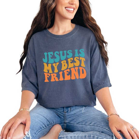 Jesus Is My Best Friend, Being Friends with God Quote, Groovy Retro Wavy Text, Denim Comfort Colors T-Shirt, Small