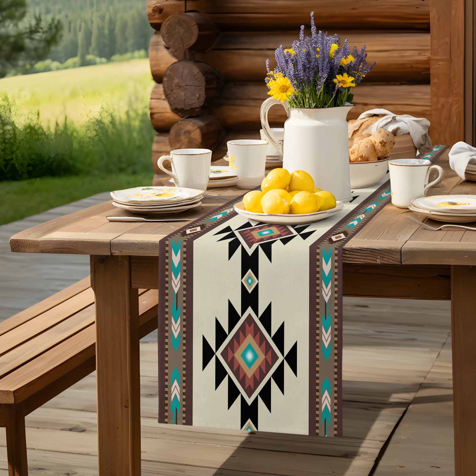 Brown Aztec Ethnic Art Table Runner 90 Inches Long, Retro Tribal Brown Texture Table Runners Tabletop Scarf Kitchen Dining Tables Decoration for Home Party Indoor Outdoor
