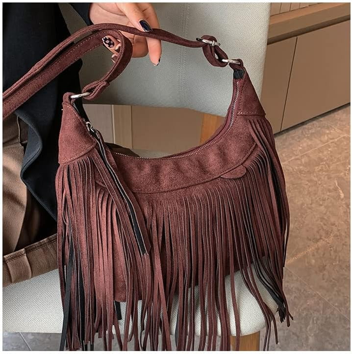 Kukuzhu Boho Hippie Purses Fringe Tassel Faux Suede Shoulder Messenger CrossBody Sling Bag Country Concert Outfits for Women
