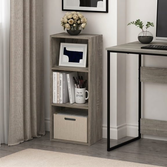Furinno LUDER Book Shelf, 3-Cube Bookshelf, Bookcase with Open Shelves, 9.3 x 12 x 31.5, for Living Room, Bedroom, Home Office, Grey Oak