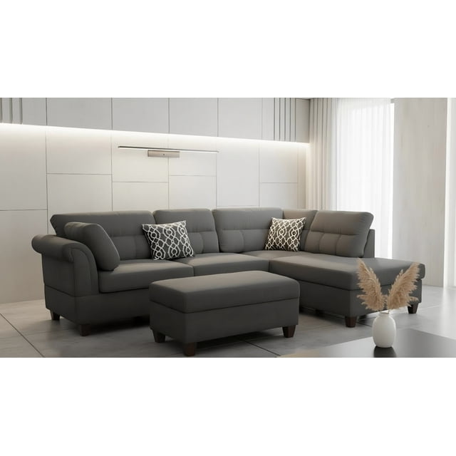 K-Living Fabric Sectional in Grey with ottoman & throw pillows
