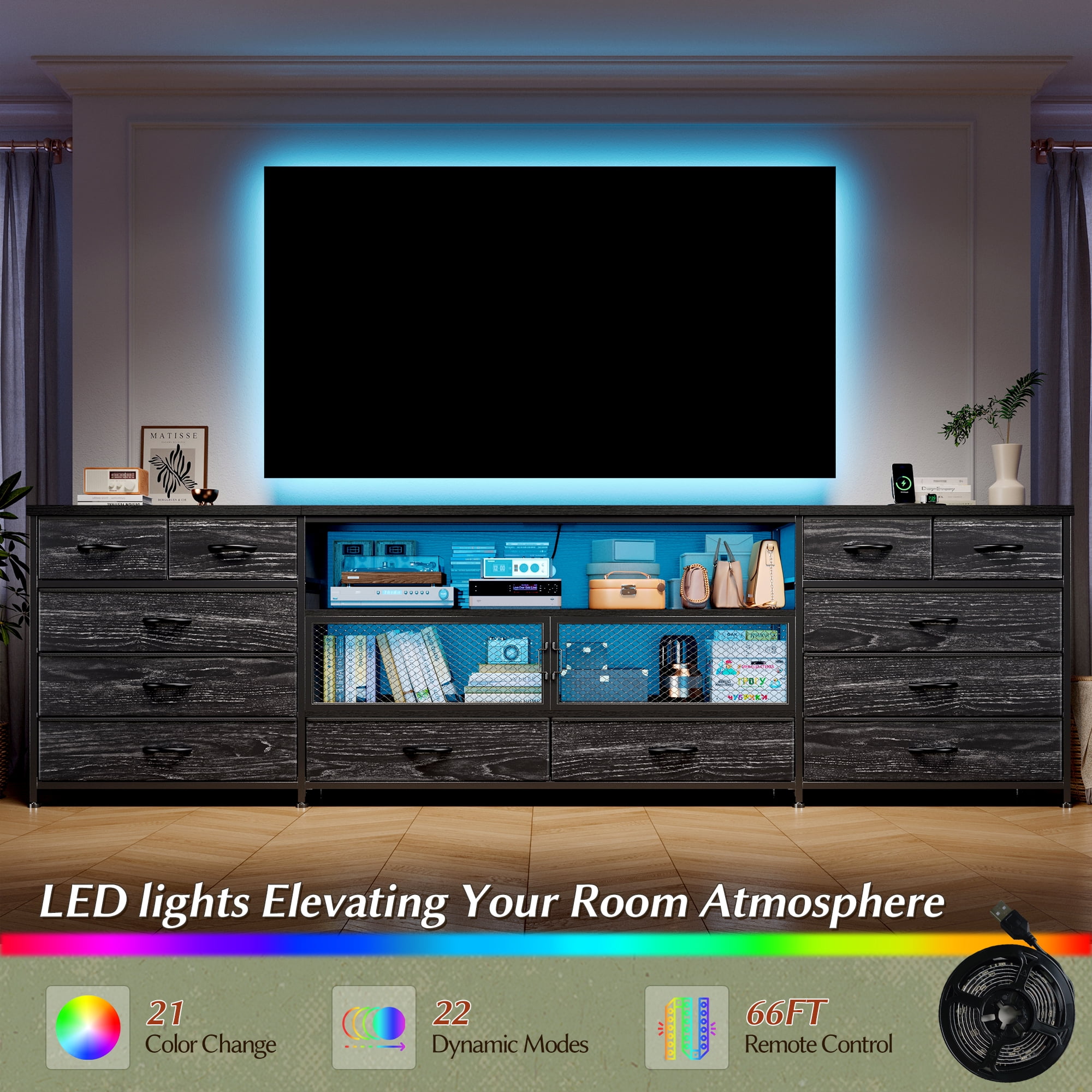 EnHomee TV Stands for Living Room Bedroom Dresser with Charge Station Entertainment Center for TVs 75 inch to 85 inch Black TV Stand with Fabric Drawers & LED