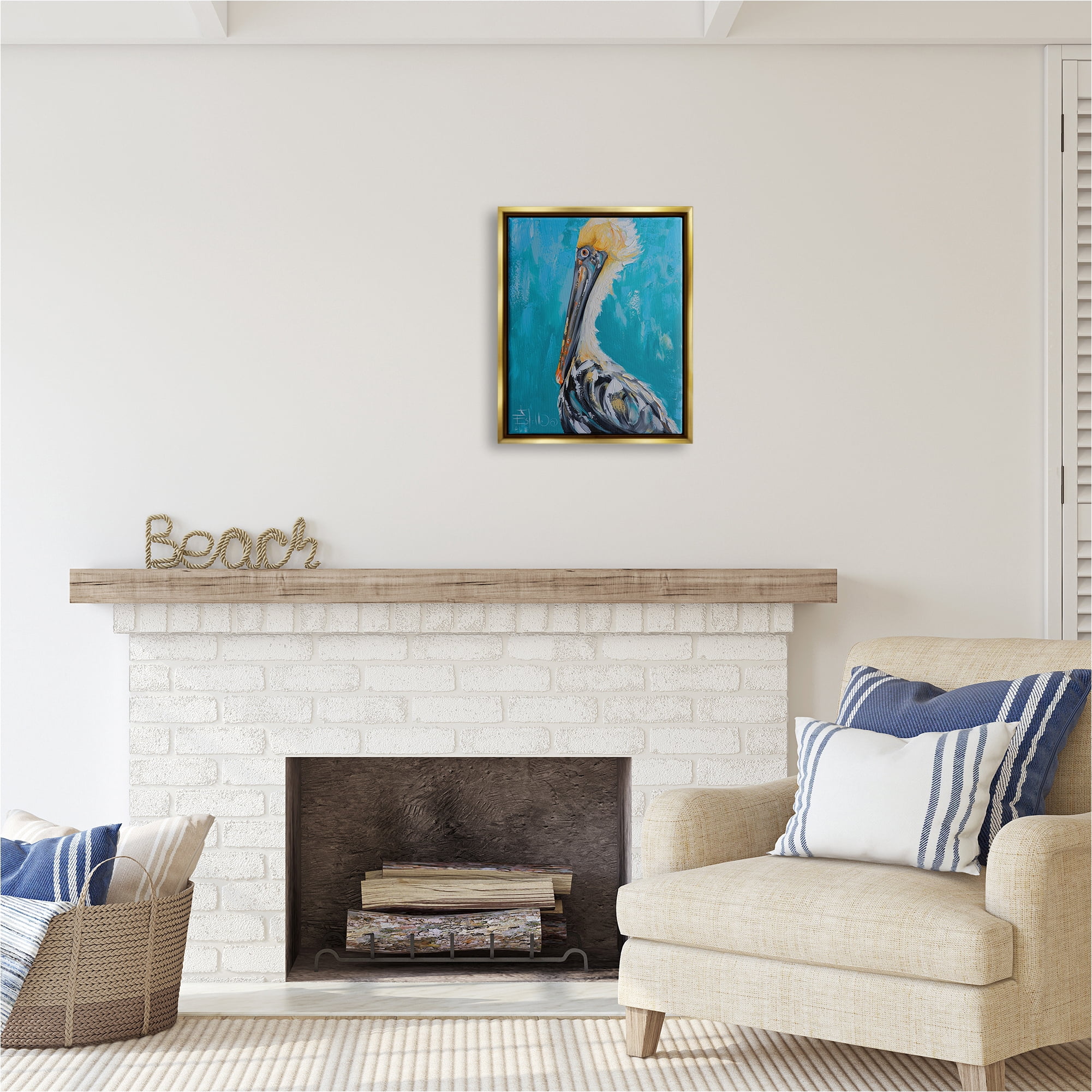 Stupell Industries Blue Pelican Painting Animals & Insects Painting Gold Floater Framed Canvas Art Print Wall Art, 17 x 21