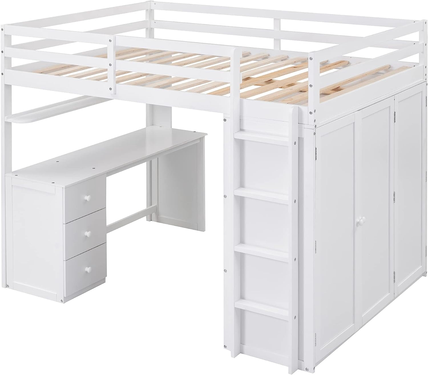 DEALTOPS Full Size Loft Bed with Wardrobe, Wood Loft Bed Frame with Desk 3 Storage Drawers Shelf Space Saving Platform Bed - White