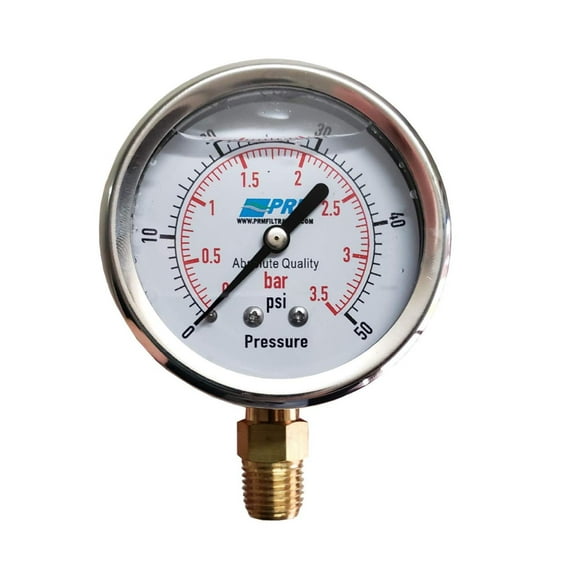 304 Stainless Steel Pressure Gauge with Brass Internals, 0-50 PSI, 2-1/2 Inch Dial, 1/4 Inch NPT Bottom Mount, Liquid Filled for Vibration Dampening