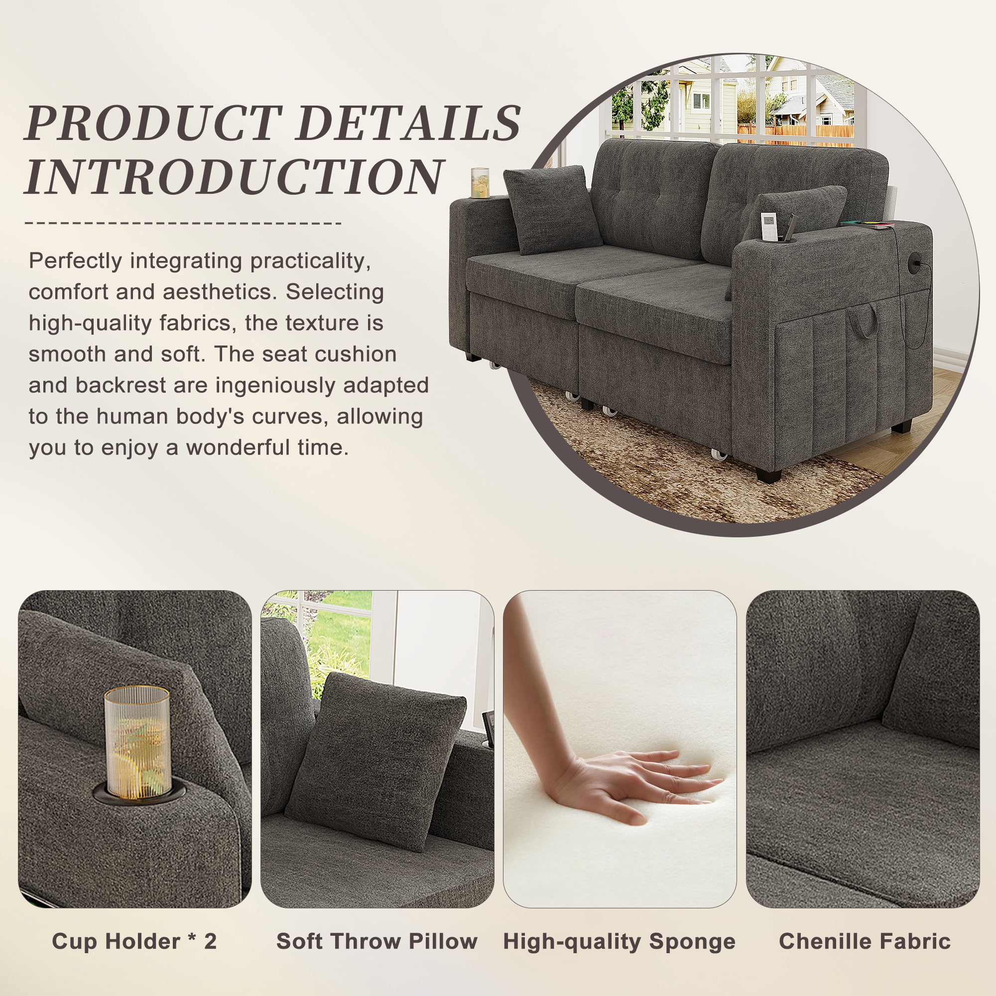 68" Chenille Two Seater Couch, Living Room Loveseat with Usb Charging, Upholstered Loveseat with Storage for Living Room, Gray