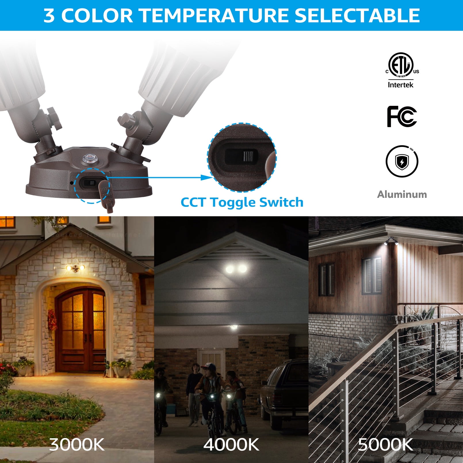 2 Pack 3CCT LED Security Light, Dusk to Dawn LED Flood Light with Photocell, 3000K/4000K/5000K Selectable, Bronze