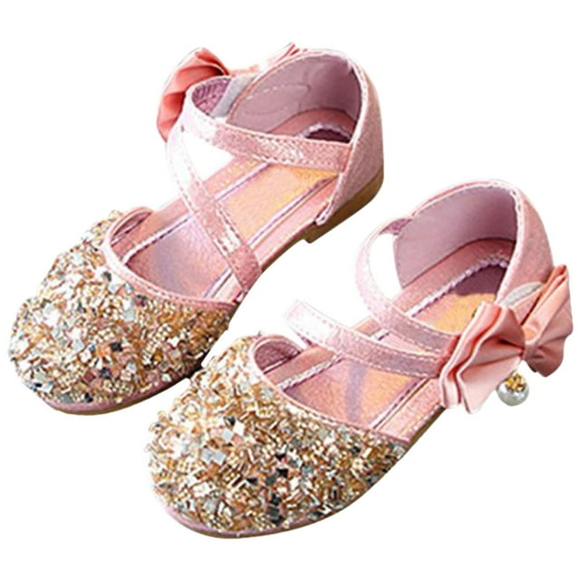 BYHONG Chaussures de Robe pour Filles Sandales Princesse Pailletées Sandales pour Enfants Printemps Été Baotou Chaussures Plates en Cuir à Sequins Chaussures de Princesse pour Enfants Chaussures de Danse Sandales pour Filles Roses 6.5