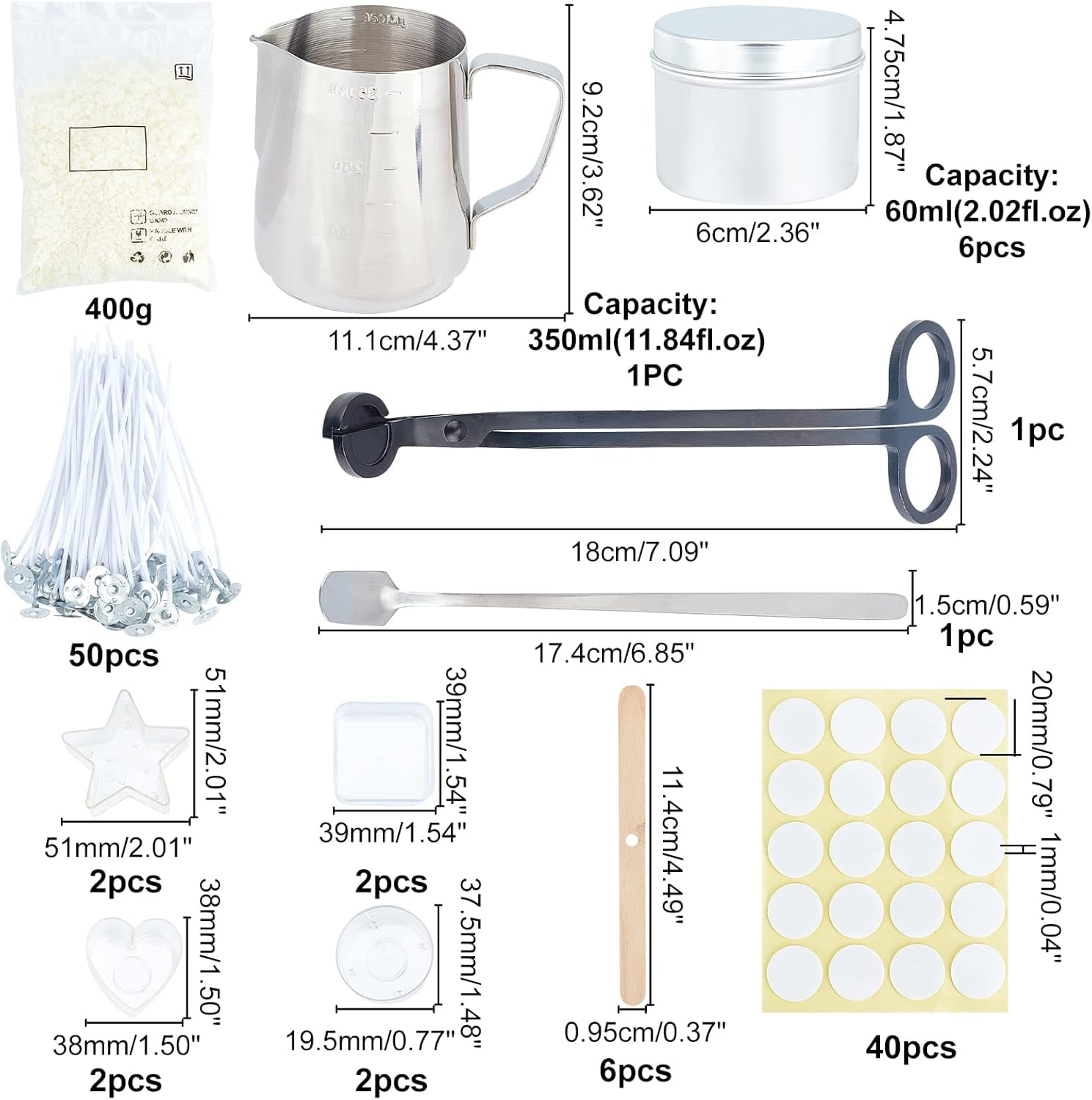 Candle Making Kit Candle Soy Wax Kit Candle Accessory Set Pourong Pot Star Heart Square Round Holder Cup Stickers Tin Scissor Spoons for DIY Wax Candle Making Making DIY