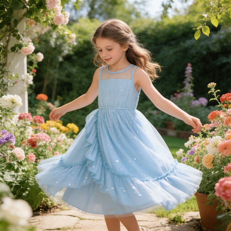 girls holiday dresses age 7 HAYIMI Child Tiered Ruffle Sleeveless Dress With Asymmetrical And Mesh Summer O-Neck 3413