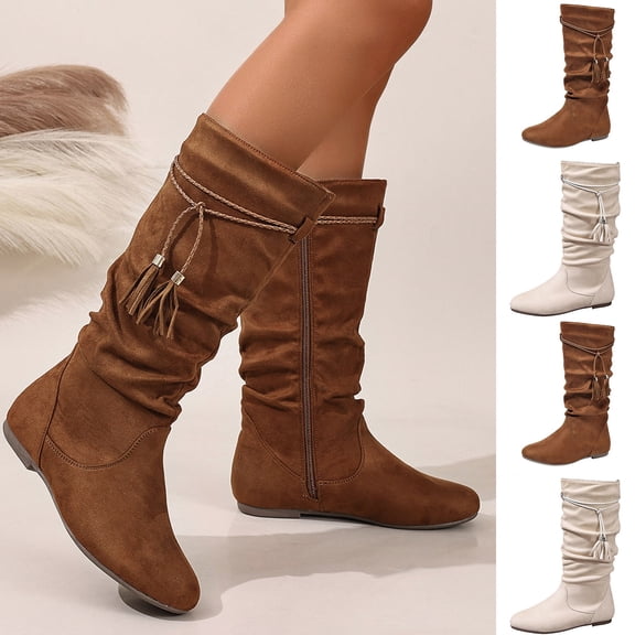 Tqyyweavej Knee High Flat Boots Women Faux Suede Solid Color Round Toe Shoes Side Zipper Versatile Tassel Boho Boots, Gifts for Women