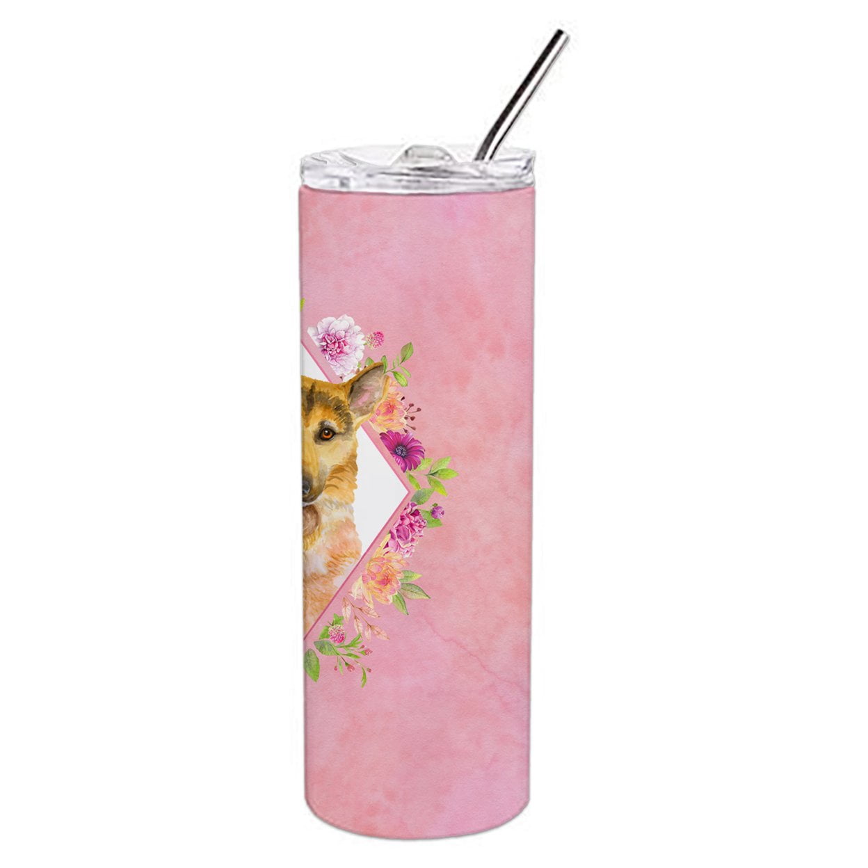 Carolines Treasures CK4147TBL20 German Shepherd Design2 Pink Flowers Stainless Steel 20 oz Skinny Tumbler 20 oz