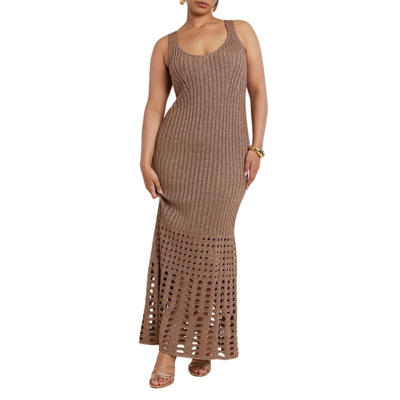 ELOQUII Women's Plus Size Metallic Open Stitch Sweater Dress