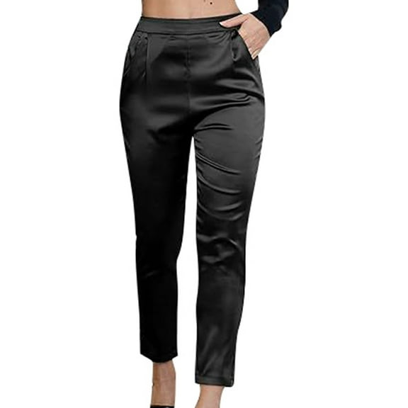 RUTAYY Women's Casual Pants Straight Leg Solid Color Elastic High Waist Stretch Classic Trendy Trousers