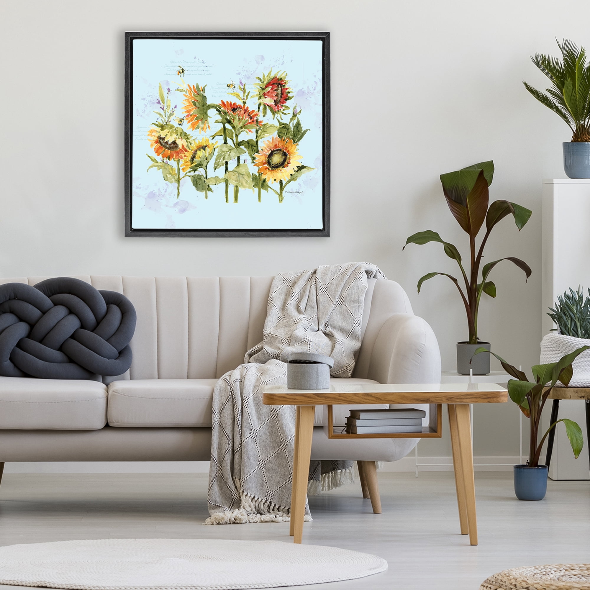 Stupell Industries Sunflowers & Bee on Blue Black Framed Floater Canvas Wall Art, design by Susan Winget