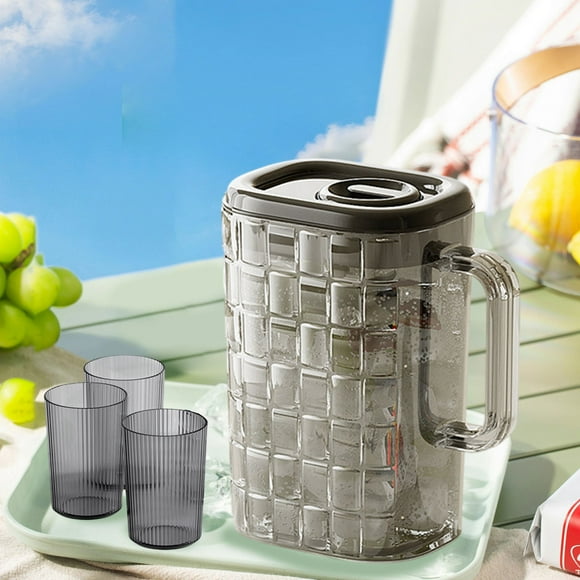 2L Plastic Cold Water Kettle Set for Refrigerator Door Large Capacity Pitcher with 3 Cups Wide Mouth, Space-Saving Beverage Jug for Iced Tea, Lemonade, Juice