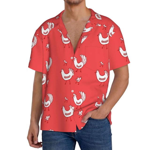 Fotbe Cartoon Rooster Camisa Estampada de Manga Corta para Hombre, Casual de Verano, Estilo Playero, Sin Arrugas-Medium