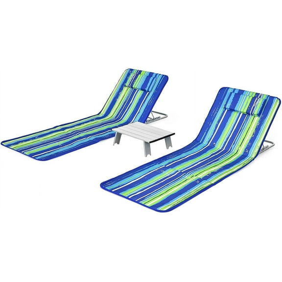 VibrantEcho Beach Chairs for Adults 2 Pack Set with Side Table, 5 Position Adjustable Folding Lawn Chair for Sunbathing, Patio Chaise Lounge Lightweight Backpack Camping Chairs (Stripe)