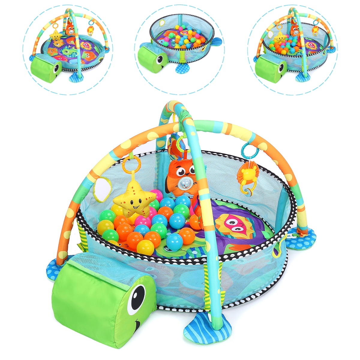 Baby Plays Mat - 3 in 1 Baby Gym Activity Play Mat with 4 Hanging Toys & 30 Balls- Infant Floor Crawling Mat Chritmas Gift- - Unisex Play Gym for Boys & Girls (Lion,Turtle,Hippo)