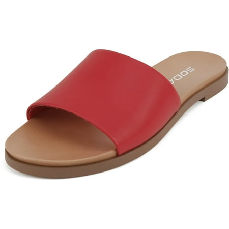 

Soda Shoes Women Flip Flops Basic Plain Slides Slip On Sandals Casual Peep Toe Single Band BOARD-S Red PU 8.5
