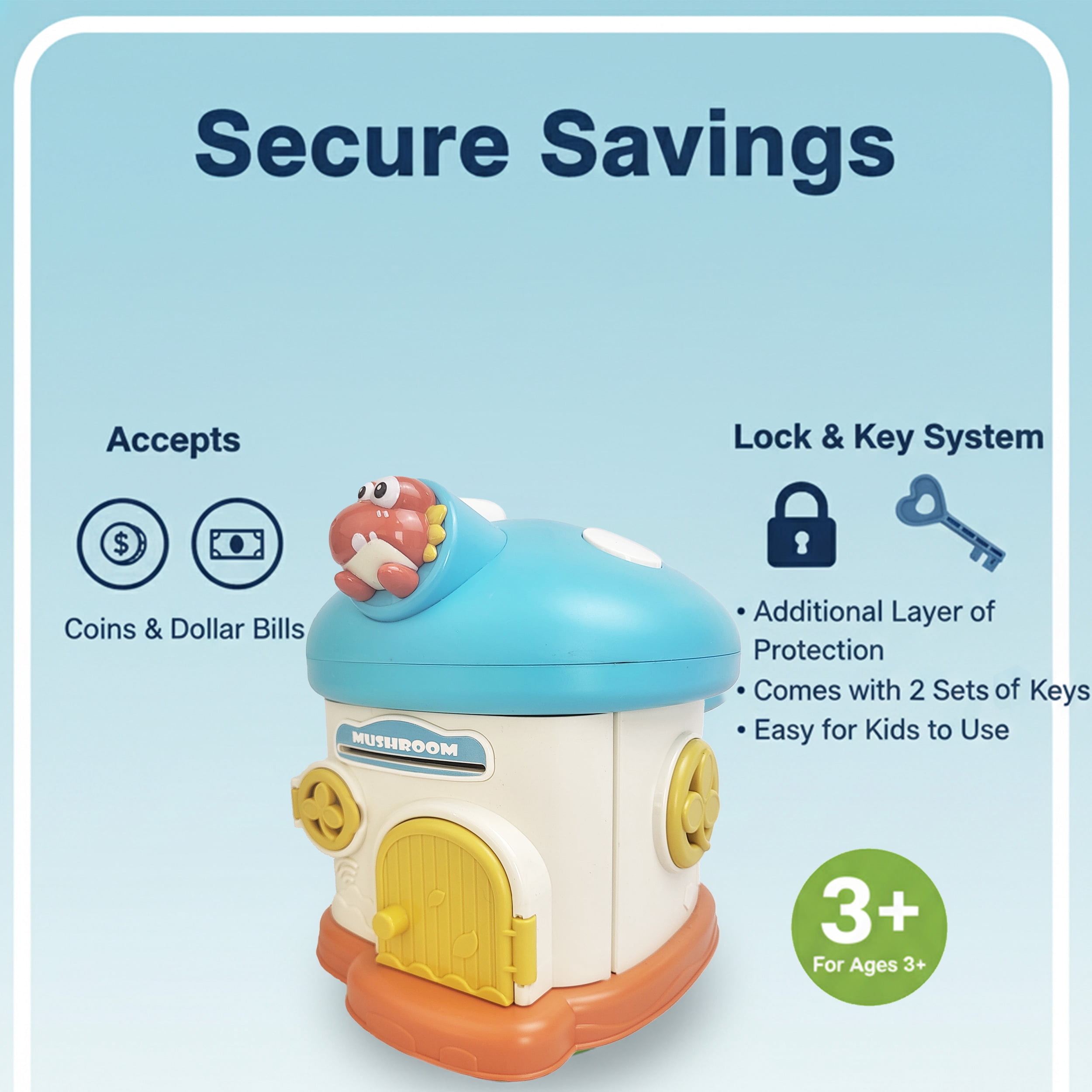 Whimsical Mushroom House Piggy Bank with Lock and Keys, Kids Savings Coin Bank Toy