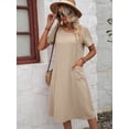 thumbnail image 5 of Women's Round Neck Short Sleeve Dress with Pockets in 100% Cotton Fabric Knee Length A line Silhouette Soft Breathable, 5 of 10