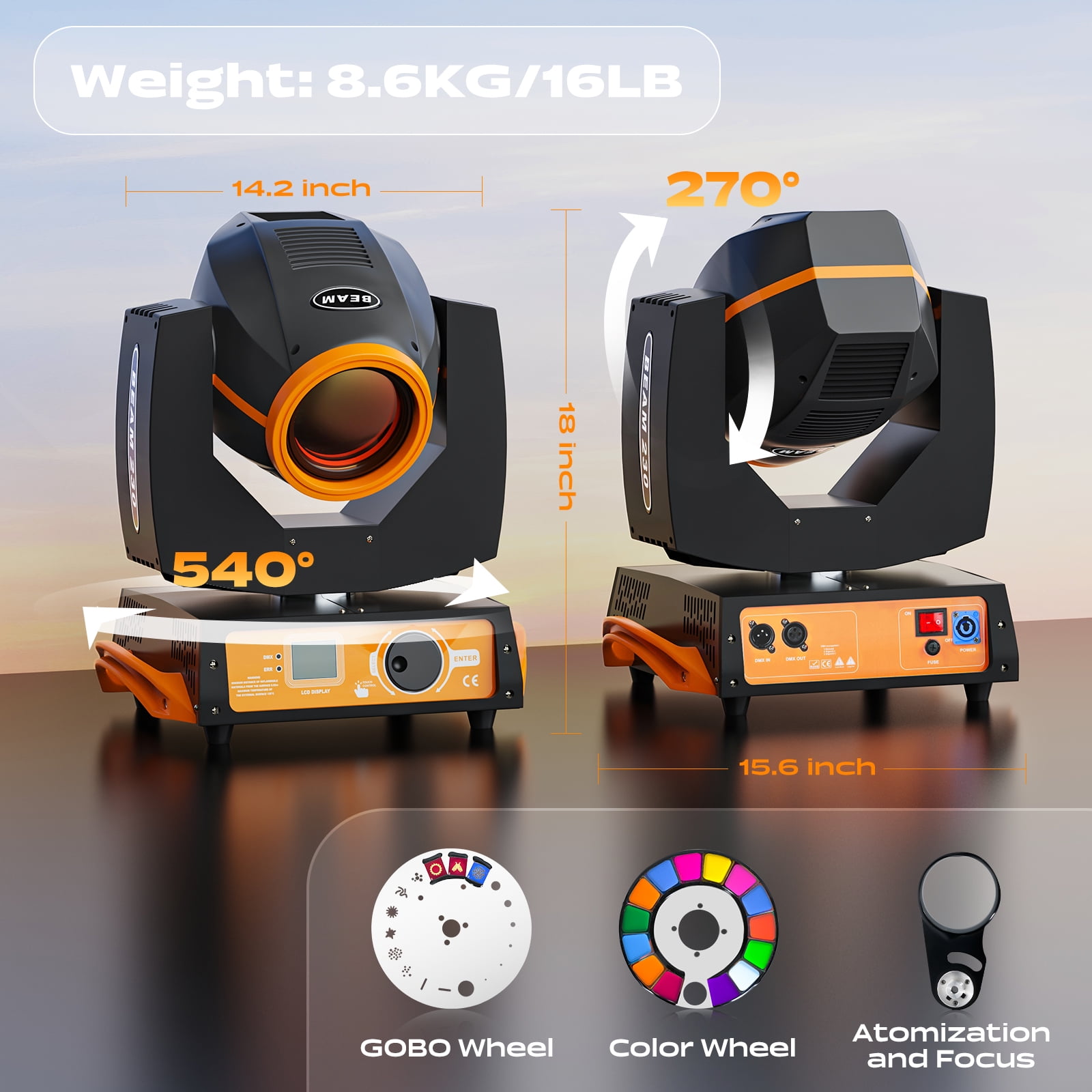 1 Pack 230W 7R Beam Sharpy Moving Head Light,17 Gobos 14 Colors RGBW Beam Lights with 16CH DMX512 Sound Control for Stage