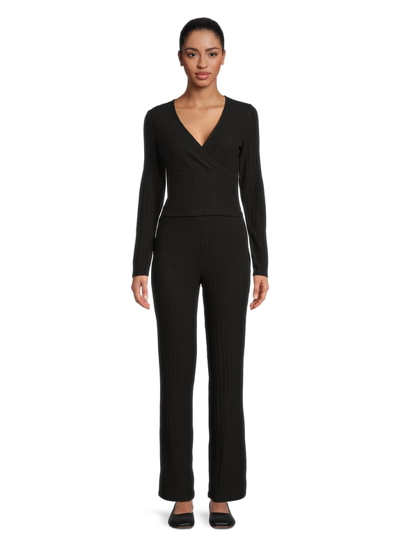 Juniors Surplice Top and Flare Pants Set, 2-Piece, Sizes XS-3XL