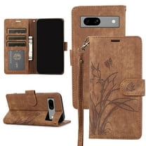 Allytechgroup Wallet Case for Google Pixel 9A with Stylish Orchid Butterflies Embossed Pattern, Premium PU Leather Kickstand Magnetic Clasp Shockproof Case with Card Holder & Wrist Strap, Brown