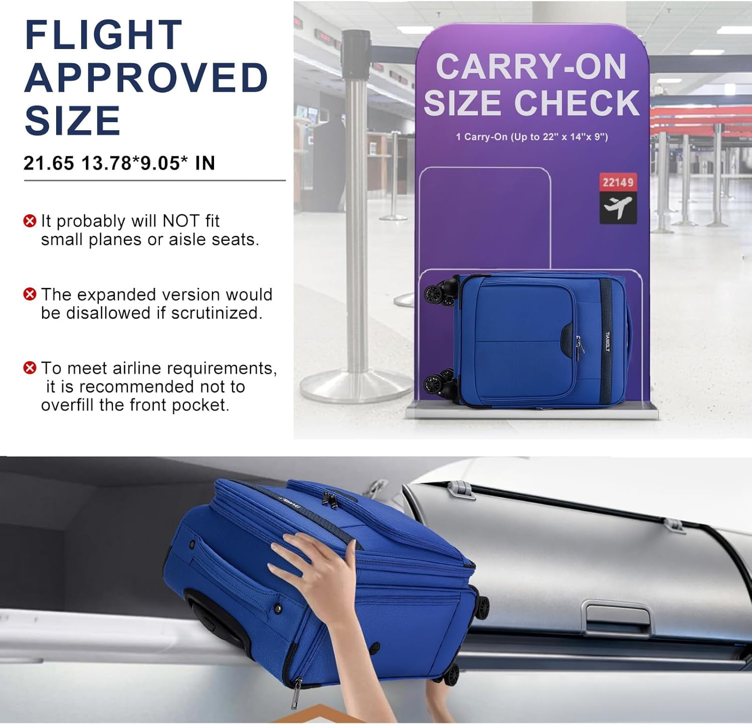 TIAWOLT Carry On Luggage 22x14x9 Airline Approved with Wheels Softside Expandable Luggage Suitcase with TSA Lock-Blue