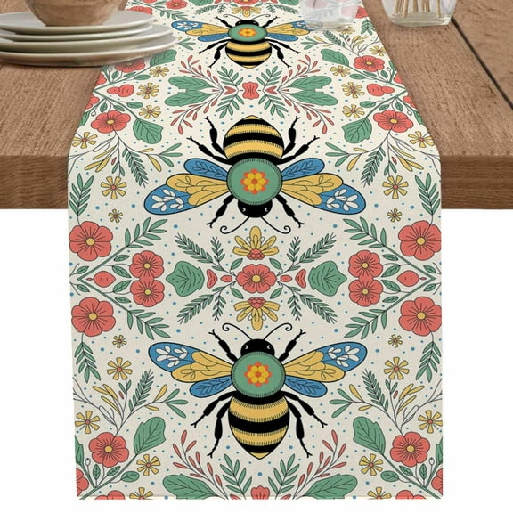 Abstract Boho Bee Flower on Retro Table Runner-70 Inch Long Green Leaves Polka Dot Table Runners Linen Burlap Tablerunner for Kitchen Dining Room Holiday Party