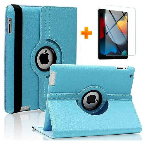 For iPad 10.2 Case 2021 9th Gen/ 2020 8th Gen/19 7th Gen Case with Glass Screen Protector, Slim Rotating Stand Protective Smart Cover for 10.2 iPad 9th/8th/7th Generation, Sky Blue