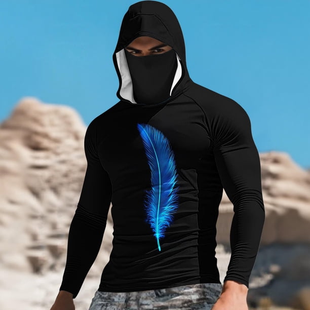 Ceisia Feather Print Hooded Top Men's Slim Fit Long Sleeve UV Protective Face Mask Shirt Black M Gifts