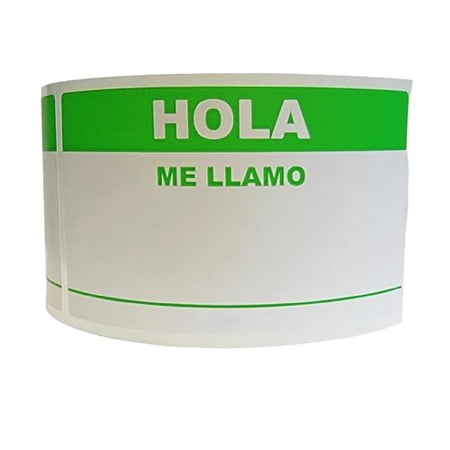 Green Hola Me Llamo (Hello My Name is) - Spanish Name Tag Identification Easy to Peel and Apply Stickers (2”x3.5”, 1 Roll 500 Labels)